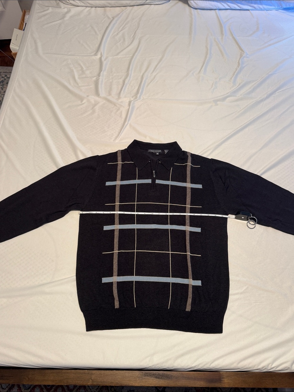 Men's Black Zip-Neck Sweater with Grid Pattern